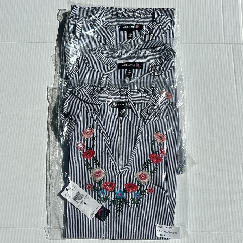 Striped Black and White Women's Top with Floral Embroidery. NWT Bundle of 3.